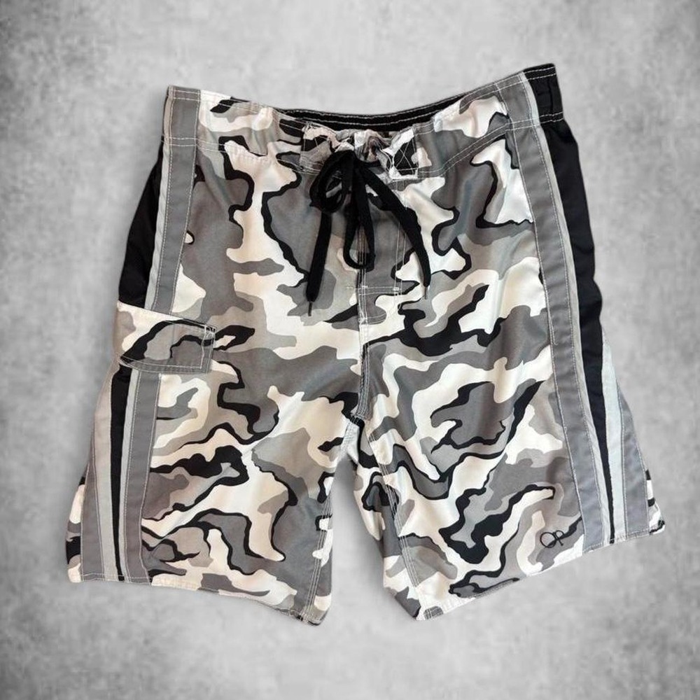 OP Ocean Pacific Camo Board Shorts Mens Medium 32-34 Grey Black White Y2K Surf